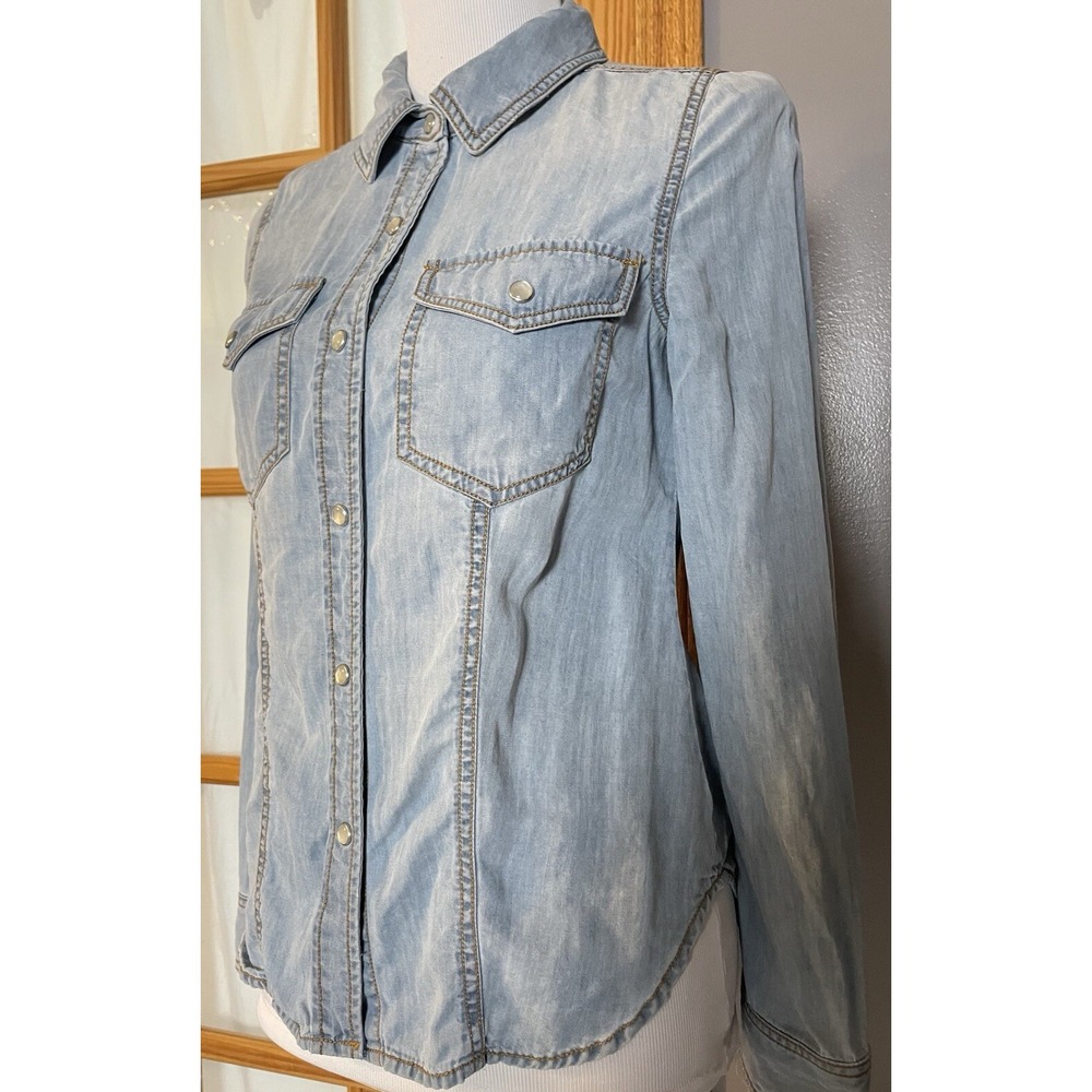 Trouve Women's Western Button Shirt Sz S Blue Tencel Pearl Snap Pockets Cowgirl - Picture 2 of 13